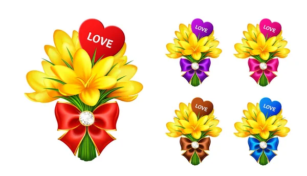 Zestaw Wiosennych Żółtych Kwiatów Krokusy Kokardkami Serca Miłości Izolowane Białym Wektory Stockowe bez tantiem