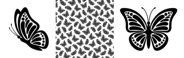 装飾デザインのための白い背景に君主蝶の形の現代的なシームレスなパターン 閉じるデザイン要素黒蝶 サイドビューベクトルアイコン — ストックベクタ
