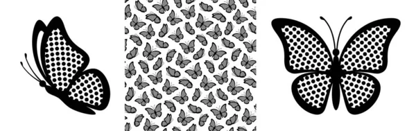 Abstract Modern Seamless Pattern Black Butterflies Shapes Halftone Wings White — Stock Vector