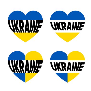 Ukrayna ve Ukrayna bayrağı renginde kalp hatları. Dekorasyon tasarımı için simge vektör tasarımı ögeleri. Modern konsept vatansever çıkartması ve simgesi için mükemmeldir.