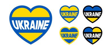Sınırlı kalp şekli, Ukrayna ve Ukrayna bayrağının renkleri. Dekorasyon tasarımı için simge vektör tasarımı ögeleri. Modern konsept vatansever çıkartması ve simgesi için mükemmeldir.