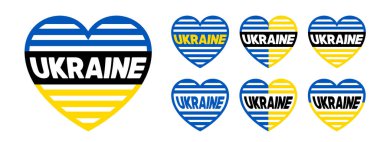 Çizgili kalp şekli, Ukrayna ve Ukrayna bayrağının renkleri. Dekorasyon tasarımı için simge vektör tasarımı ögeleri. Modern konsept vatansever çıkartması ve simgesi için mükemmeldir.