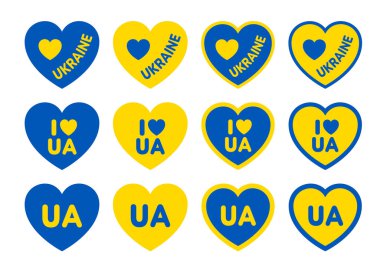Ukrayna bayrağı renginde ve Ukrayna adında bir ülke adı taşıyan kalp etiketleri. Dekorasyon tasarımı için simge vektör tasarımı ögeleri. Modern konsept vatansever çıkartması ve simgesi için mükemmeldir.