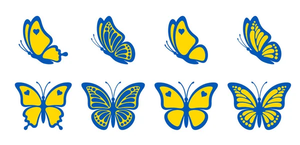 Set Contours Blue Yellow Monarch Butterflies Different Wings Isolated White — Wektor stockowy