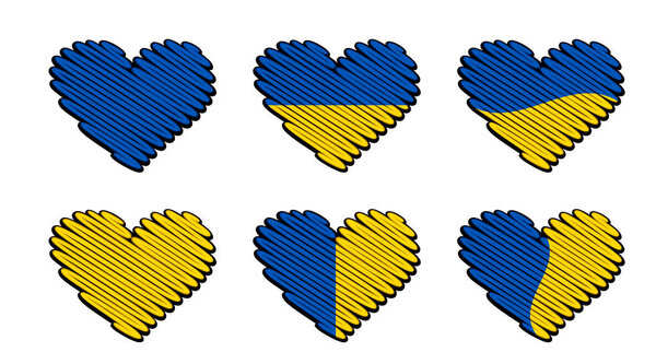 Heart outline stickers with flag colors of Ukraine and black border. Vector design elements for decoration design. Modern concept is perfect for patriot sticker and icon