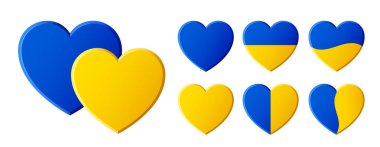 Beyaz arka planda izole edilmiş Ukrayna bayrağı renginde kalp etiketleri. Dekorasyon tasarımı için vektör tasarımı ögeleri. Modern konsept vatansever çıkartması ve simgesi için mükemmeldir.