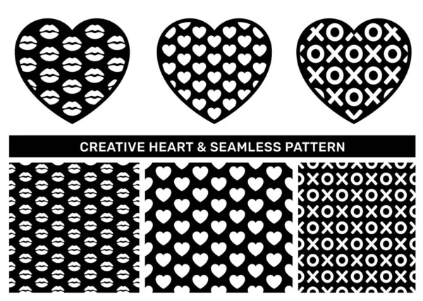 Aşkın dokusuna ve soyut siyah sevgililer günü kalıbına sahip bir kalp seti. Dekoratif tekstil baskı tasarımı için yaratıcı romantik ikon vektör tasarımı ögesi ve kusursuz doku örneği