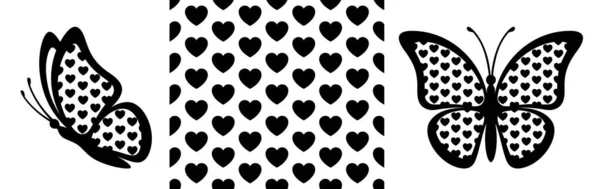 ハート形のシームレスなパターンとサイドビューの君主蝶 装飾的な印刷デザイン グリーティングカード ギフト券のための創造的なバレンタインベクトルのアイコンとシームレスなテクスチャスウォッチの背景 — ストックベクタ