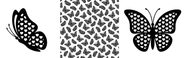 Butterflies Contour Seamless Pattern Side View Monarch Butterfly Creative Valentine — ストックベクタ