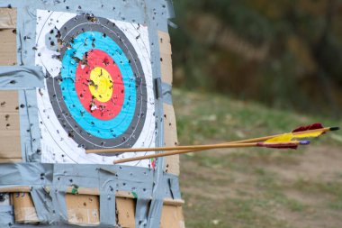 Spor okçuluğu. Okçuluğun ev yapımı hedefinde çok sayıda ok izi var..