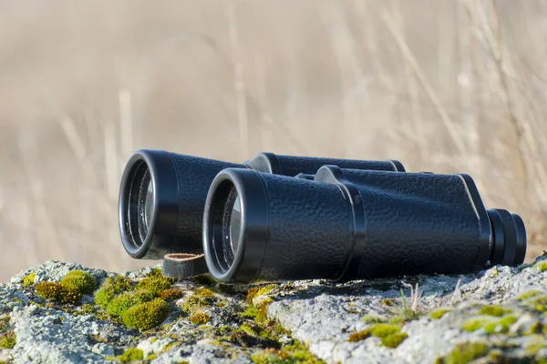 Binoculars Top Stone Beautiful Background Concept Hunting Travel Outdoor Recreation — 图库照片