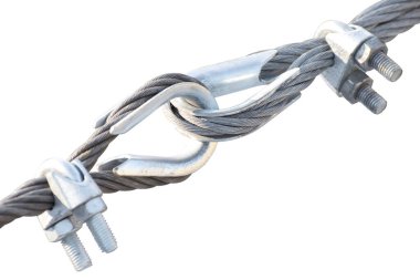 Fastening of two metal cables, isolated on white background. The thimble swivels connect. 