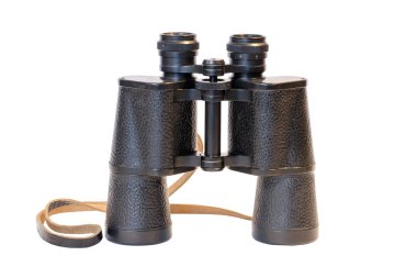Black binocular isolated on a white background, side view. Equipment for hunters, travelers, explorers and discoverers. This is a vertical layout.