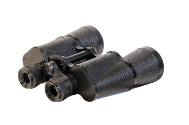 Black binocular isolated on a white background, back view. Equipment for hunters, travelers, explorers and discoverers.