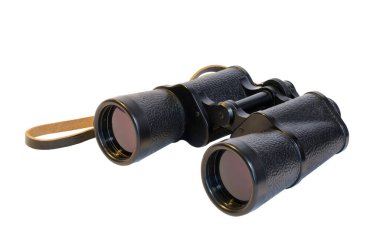Black binocular isolated on a white background, side view. Equipment for hunters, travelers, explorers and discoverers.