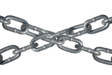 A two crossed steel chain on a white background, isolated. Protection and safety concept.