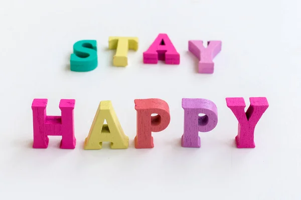 Stay Happy Inscription Multi Colored Letters White Background Lettering Card — Zdjęcie stockowe