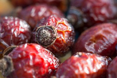 Kurutulmuş böğürtlen, yakın plan. Aromatik ve şifalı çaya hazırlanmış antioksidan içerir. Kuru meyve ve şekerli meyve arka planı. Seçici odaklanma. Makro fotoğraf.