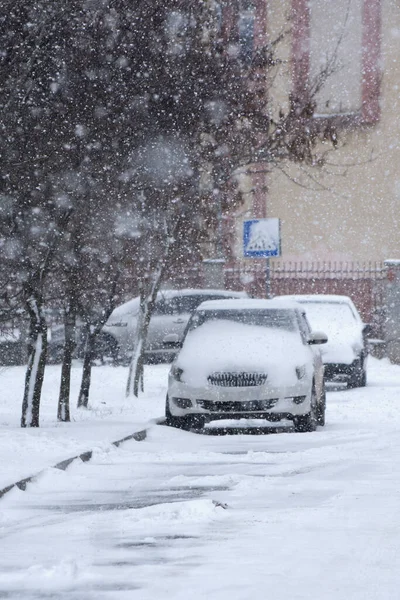 Very Snowy Day Winter Snow Falls Cars Specially Defocused Photo — Stock Fotó