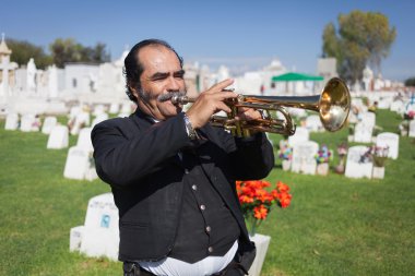 AGUASCALIENTES, MEXICO - NOV 01: Unknown musicant on a cemetery clipart
