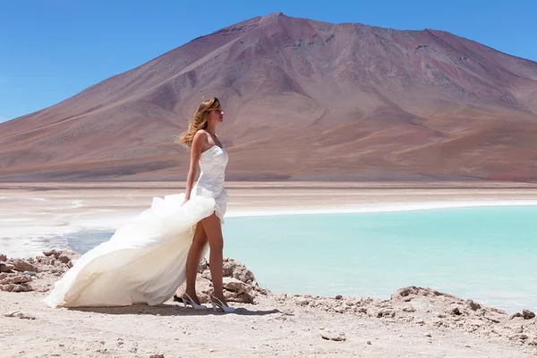 La novia en el desierto en una meseta Altiplano, Laguna Verde, Bolivia —  Fotos de Stock