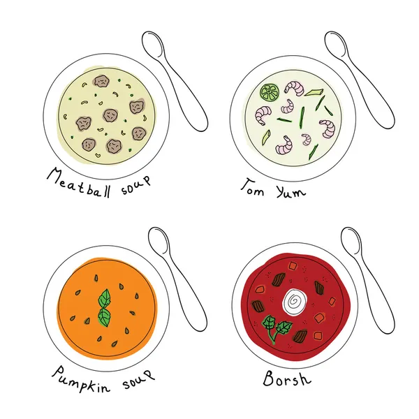 Sopas diferentes en un tazón blanco. Ilustración vectorial — Archivo Imágenes Vectoriales