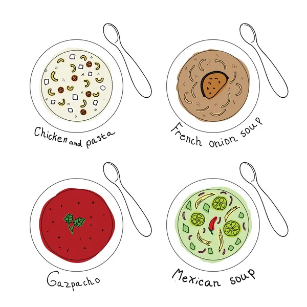 Sopas diferentes en un tazón blanco. Ilustración vectorial — Archivo Imágenes Vectoriales