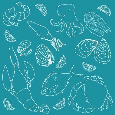 elle çizilmiş öğeleri deniz ürünleri kümesi. Retro vintage tarzı deniz ürünleri tasarımı. vektör çizim.