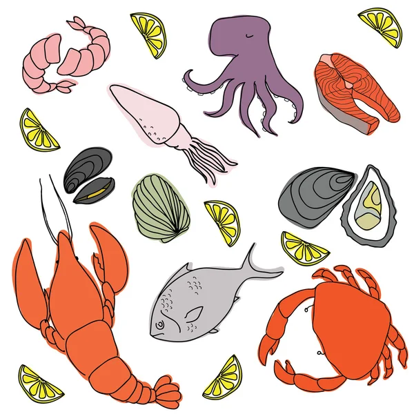 Conjunto de elementos desenhados à mão frutos do mar. Design de frutos do mar estilo vintage retro. Ilustração vetorial . — Vetor de Stock