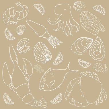 elle çizilmiş öğeleri deniz ürünleri kümesi. Retro vintage tarzı deniz ürünleri tasarımı. vektör çizim.
