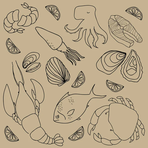 elle çizilmiş öğeleri deniz ürünleri kümesi. Retro vintage tarzı deniz ürünleri tasarımı. vektör çizim.