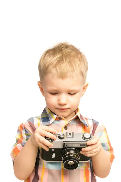 Criança com câmera velha — Fotografia de Stock