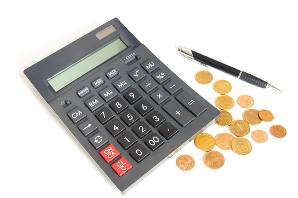 Сalculator, pen and coins — Stock Photo, Image