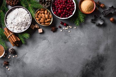 Noel kış pişirme arka planı kranberris, fındık, gıda malzemeleri ve mevsimlik baharatlar, fotokopi alanı. Kış tatili için Noel kurabiyeleri pişiriyorum..