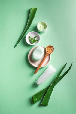 Aloe vera bitki yaprakları, jel, yeşile cilt bakım ürünleri, üst görünüm, kopyalama alanı. Yüz ve vücut bakımı için doğal organik aloe vera kozmetik.