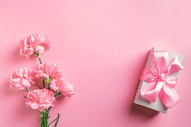 Anneler Günü, Kadınlar ya da Sevgililer Günü tasarım konsepti, güzel pembe karanfil çiçekleri ve pastel arka planda hediye kutusu, üst manzara, düz alan, fotokopi alanı.