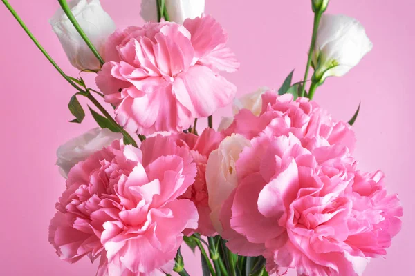 Pink Carnation White Eustoma Flowers Composition Pink Pastel Background Close — Stock Photo, Image