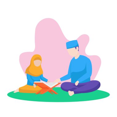 Müslüman bir baba kızına Kuran 'ı okurken doğal arka planda çiçek yapraklı İslami vektör düz illüstrasyonunu öğretir. Ramazan etkinlik afişi tasarımı.