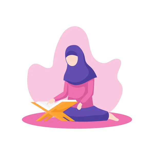 Muslim Gadis Membaca Quran Kitab Suci Dari Islam Vektor Datar - Stok Vektor