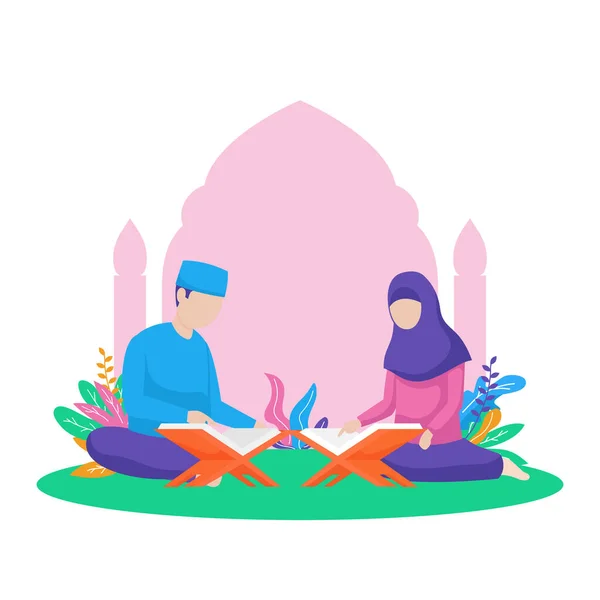 Pasangan Muslim Membaca Quran Kitab Suci Islam Bersama Vektor Datar - Stok Vektor