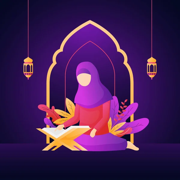 Menina Muçulmana Hijab Ler Quran Livro Sagrado Ilustração Plana Islâmica — Vetor de Stock