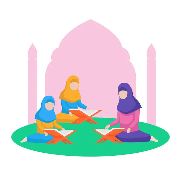 イスラム教の教師は クルアーンを読むことを教えています花の葉とモスクのアーチと自然の背景で子供のベクトルフラットイラストにイスラムの聖なる本 ラマダーン活動ポスターデザイン — ストックベクタ