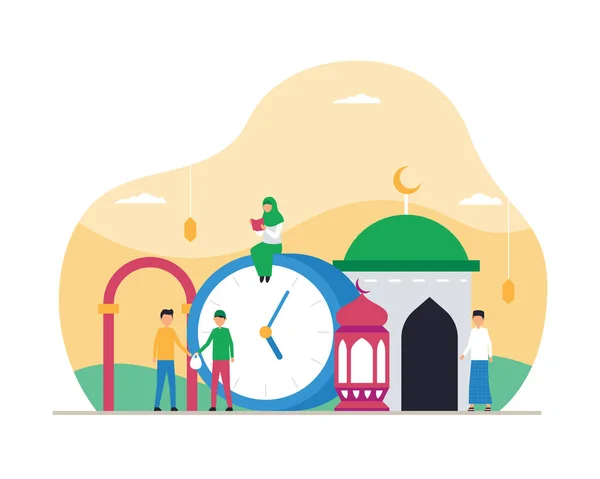 Muslimská Činnost Čeká Iftar Čas Ramadánu Měsíc Malí Lidé Vektor — Stockový vektor