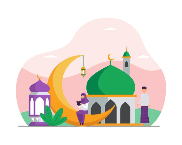 Aktivitas Muslim Ramadan Bulan Kecil Vektor Orang Datar Konsep Ilustrasi - Stok Vektor