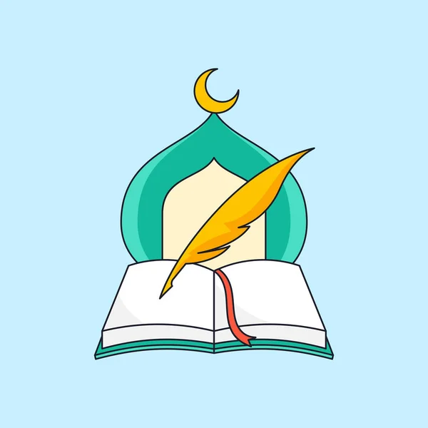 Libro Aperto Penna Oca Con Moschea Simbolo Islamico Illustrazione Musulmano — Vettoriale Stock