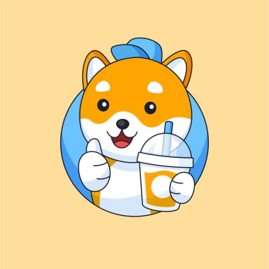 Şirin shiba inu köpek yiyecek içecek şişesi tutuyor. Hayvan maskotu çizimi.