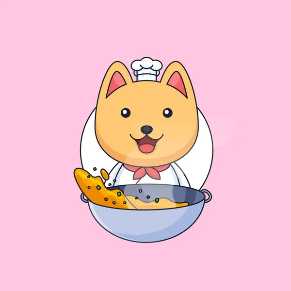 Schattig Chef Kat Koken Straat Voedsel Gebruik Koekenpan Dier Mascotte — Stockvector