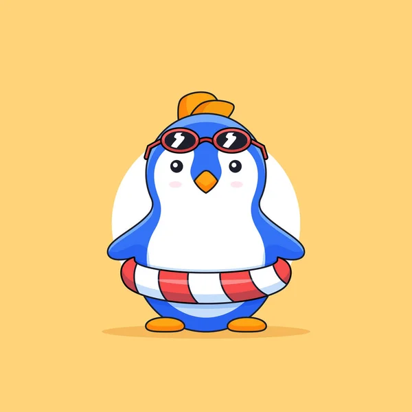 Niedlichen Pinguin Strandurlaub Mit Sonnenbrille Und Schwimmerreifen Tier Maskottchen Cartoon — Stockvektor