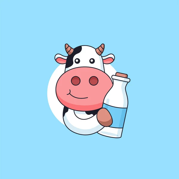 Vaca Bonito Segurando Garrafa Leite Fresco Mascote Animal Logotipo Cartoon —  Vetores de Stock