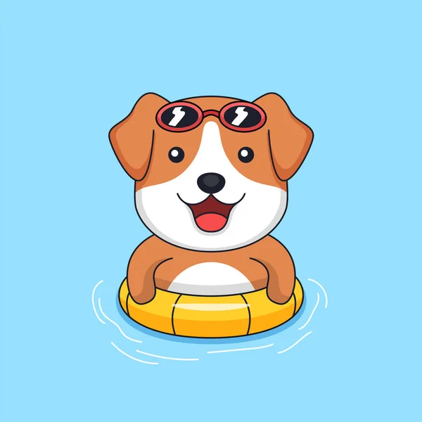 かわいい犬身に着けているサングラスと浮動タイヤでスイミングプール動物マスコット漫画ベクトルイラスト — ストックベクタ